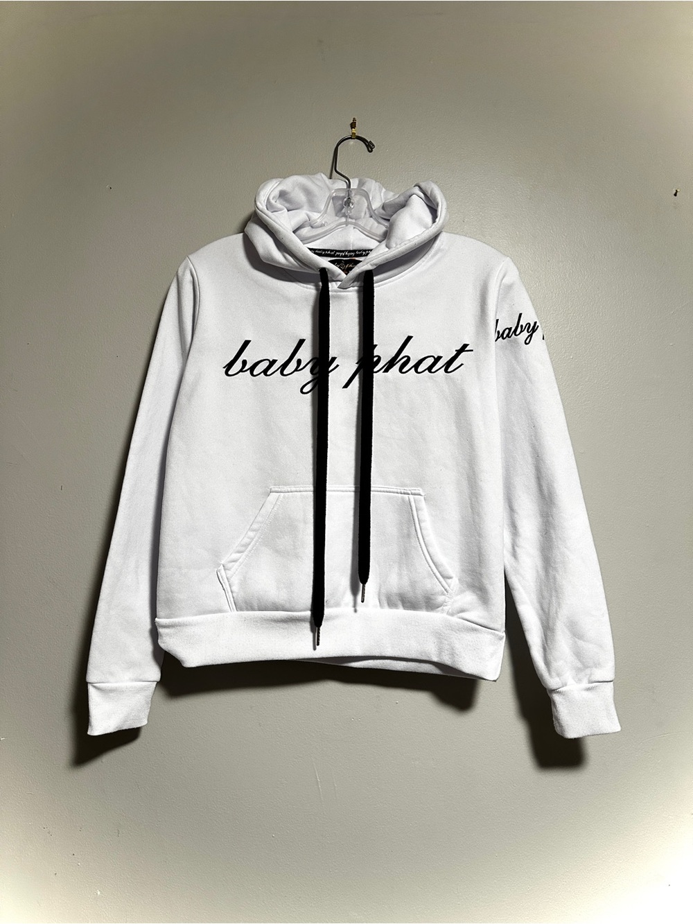 Baby Phat Y2k White Hoodie with Black Drawstrings and Gold Accents